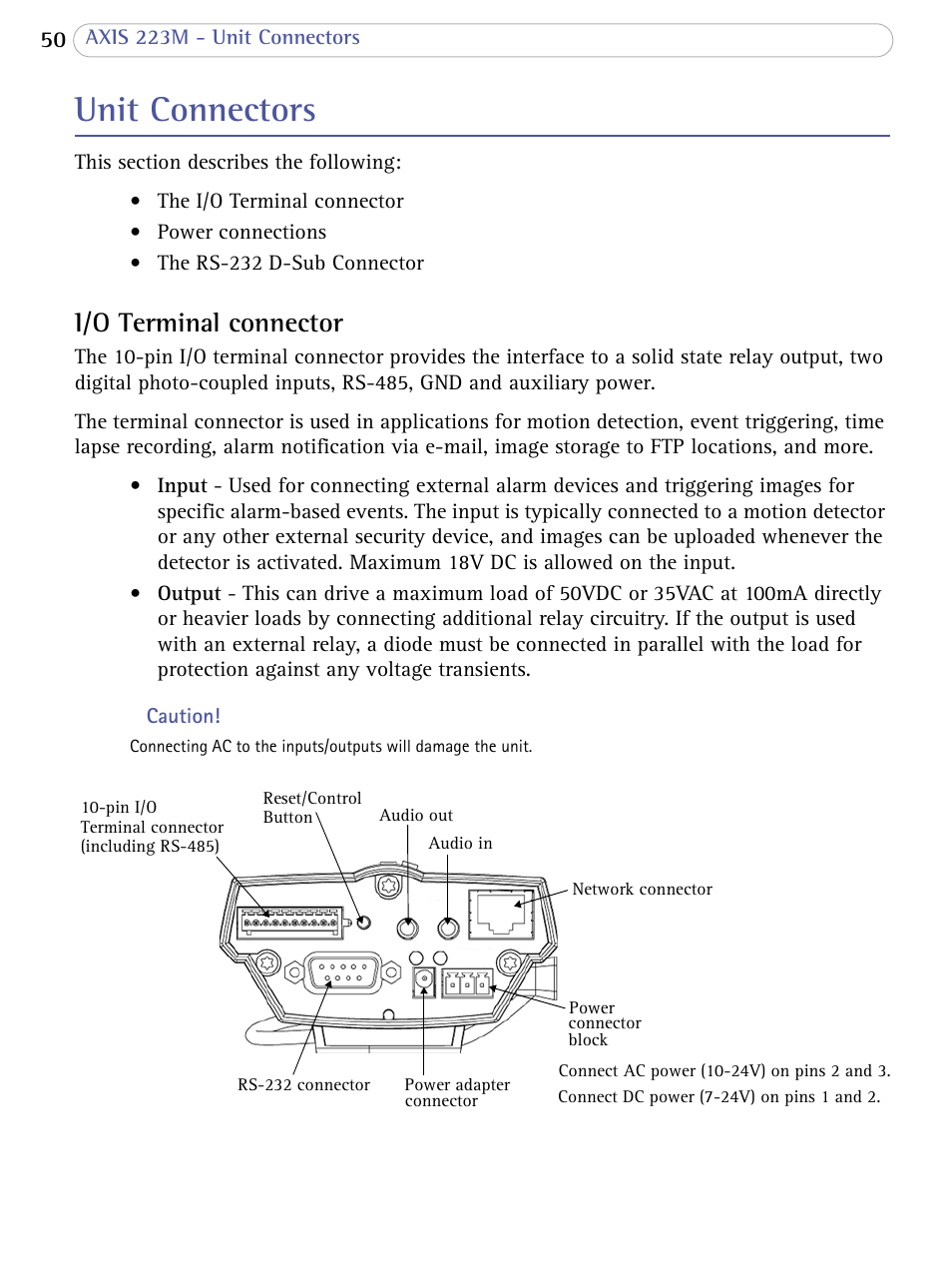 Unit connectors, I/o terminal connector | Axis Communications AXIS 223M User Manual | Page 50 / 70