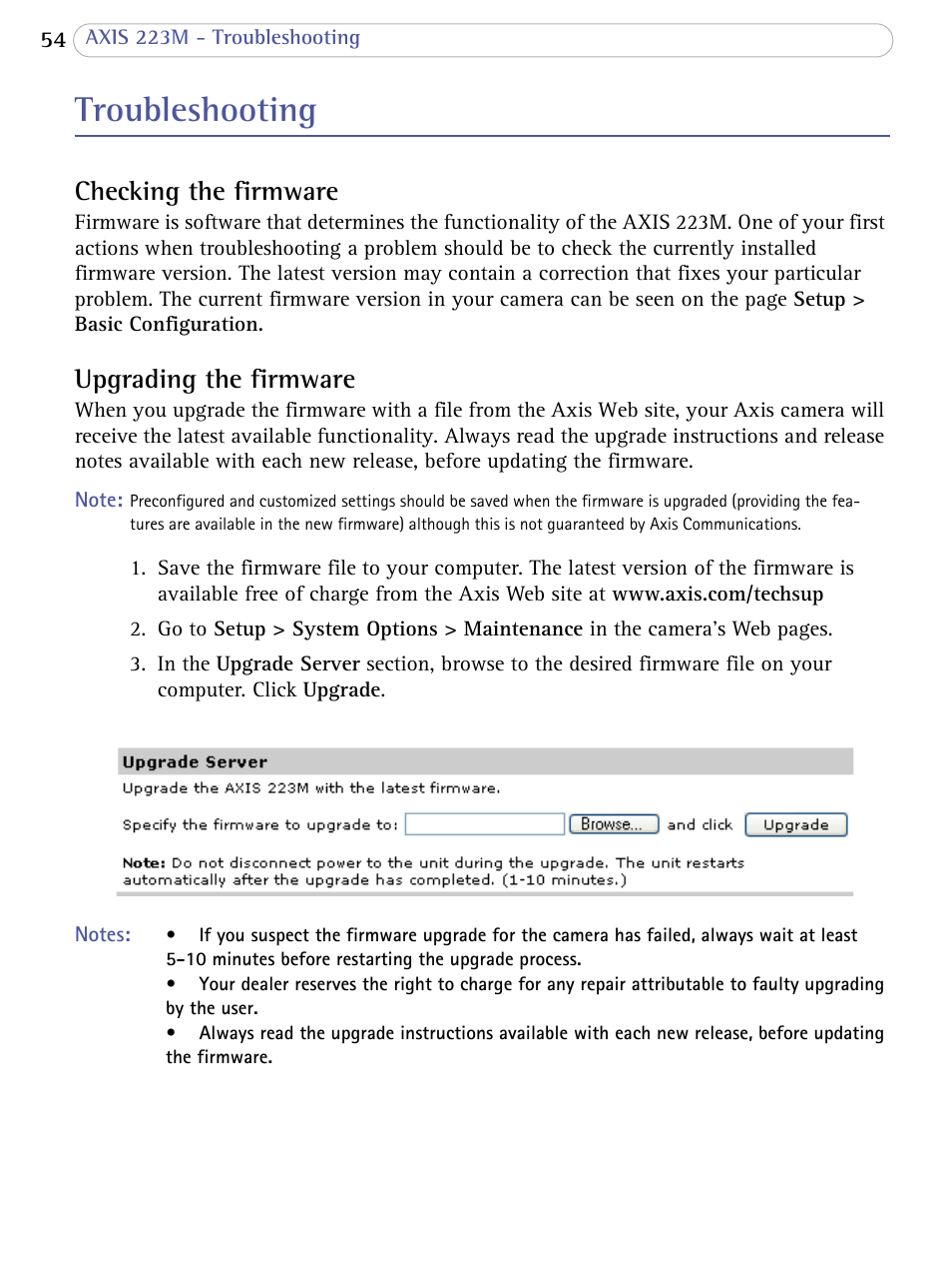 Troubleshooting, Checking the firmware, Upgrading the firmware | Axis Communications AXIS 223M User Manual | Page 54 / 70