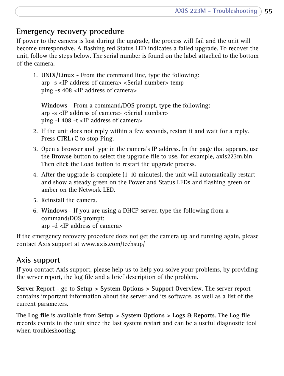 Emergency recovery procedure, Axis support | Axis Communications AXIS 223M User Manual | Page 55 / 70
