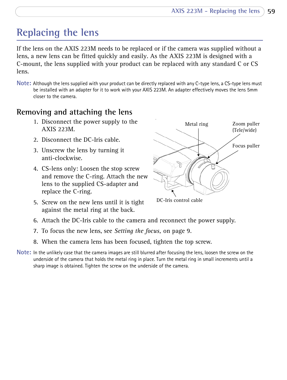 Replacing the lens, Removing and attaching the lens | Axis Communications AXIS 223M User Manual | Page 59 / 70
