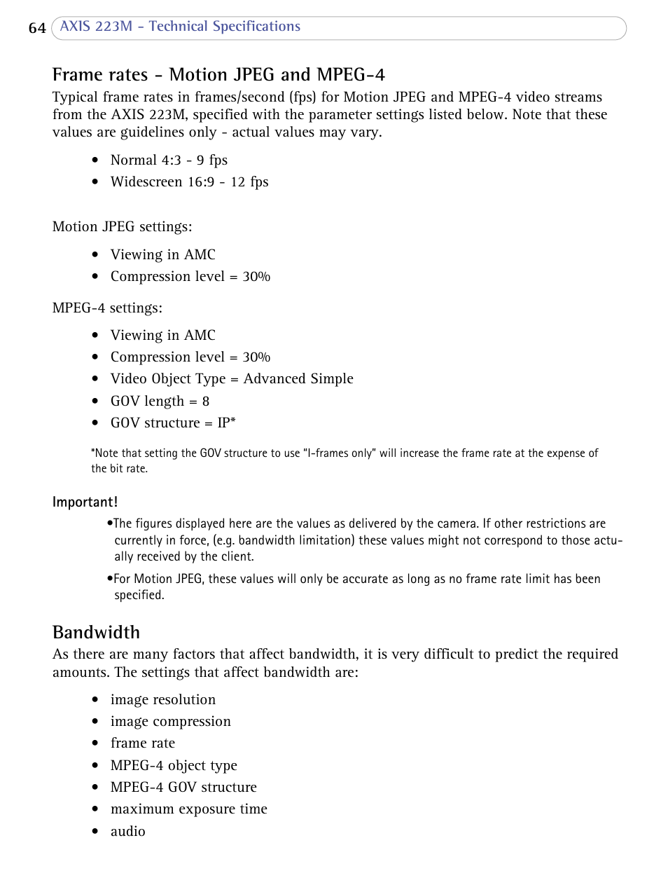 Frame rates - motion jpeg and mpeg-4, Bandwidth, Frame rates - motion jpeg and mpeg-4 bandwidth | Axis Communications AXIS 223M User Manual | Page 64 / 70