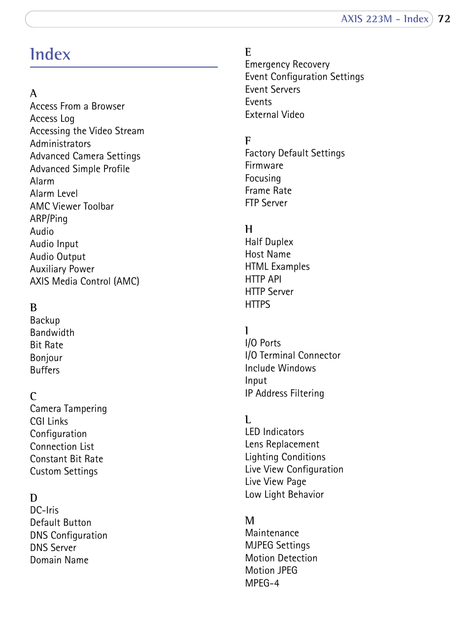 Index | Axis Communications AXIS 223M User Manual | Page 69 / 70