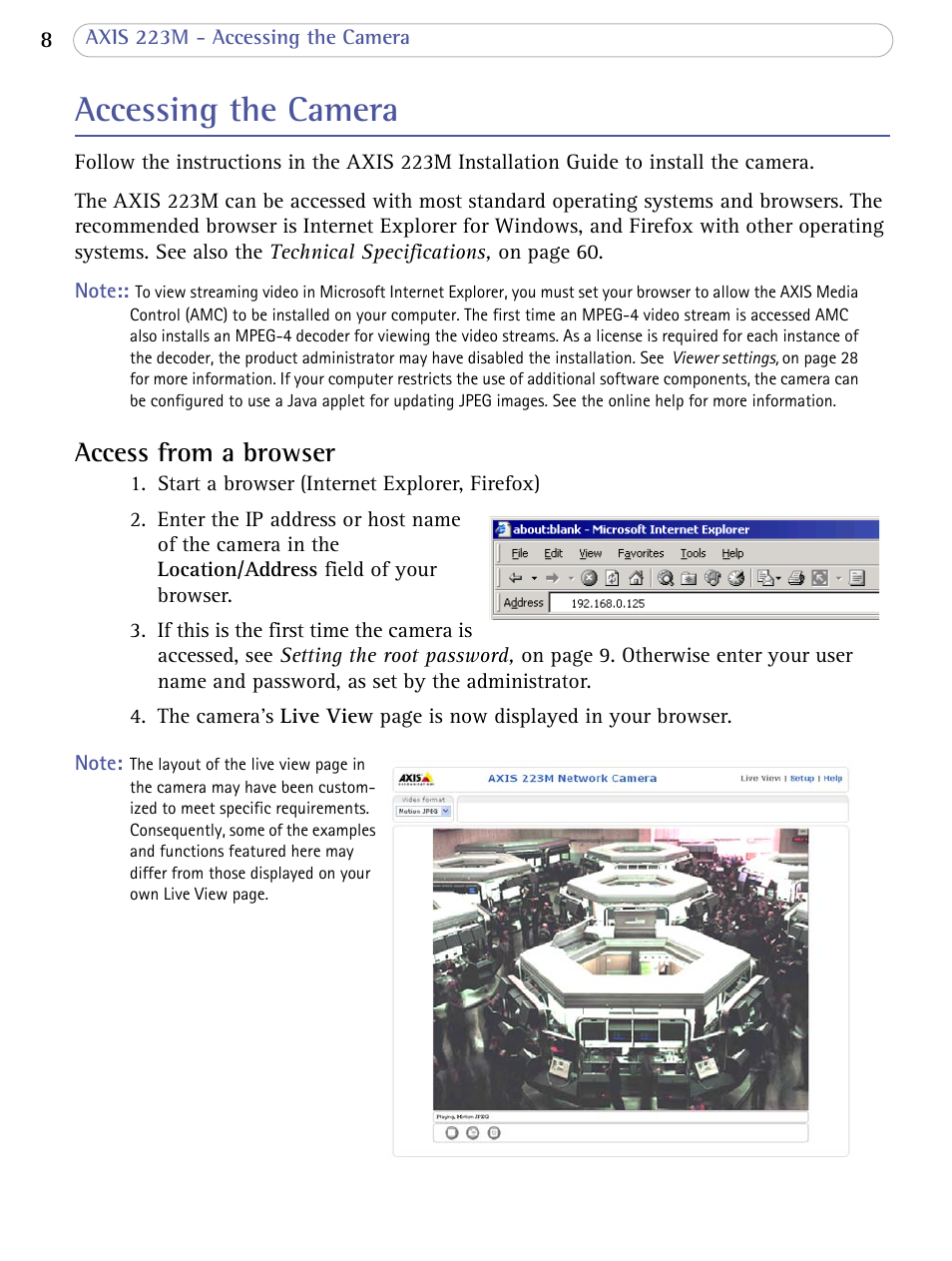 Accessing the camera, Access from a browser | Axis Communications AXIS 223M User Manual | Page 8 / 70