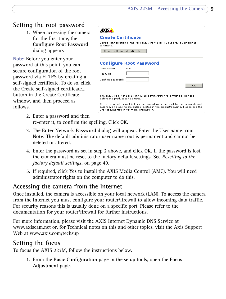 Setting the root password, Accessing the camera from the internet, Setting the focus | Axis Communications AXIS 223M User Manual | Page 9 / 70