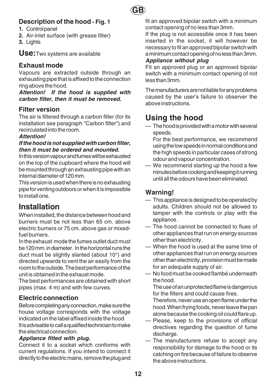 Installation, Using the hood | Fagor AF2-627IX User Manual | Page 12 / 20