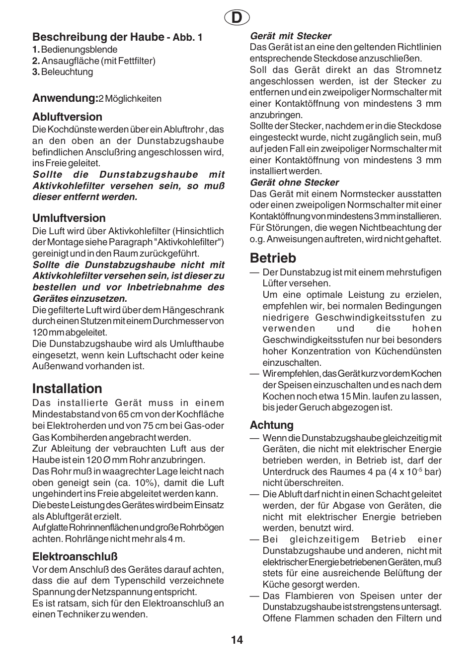 Betrieb, Installation | Fagor AF2-627IX User Manual | Page 14 / 20