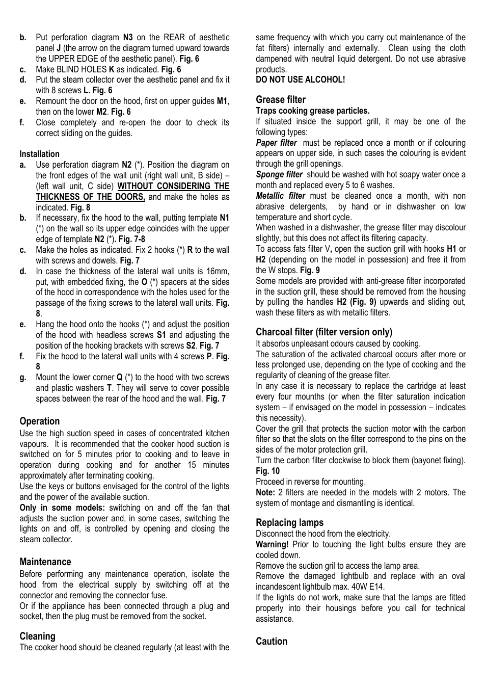 Operation, Maintenance, Cleaning | Grease filter, Charcoal filter (filter version only), Replacing lamps, Caution | Fagor AF3-617IX User Manual | Page 10 / 33