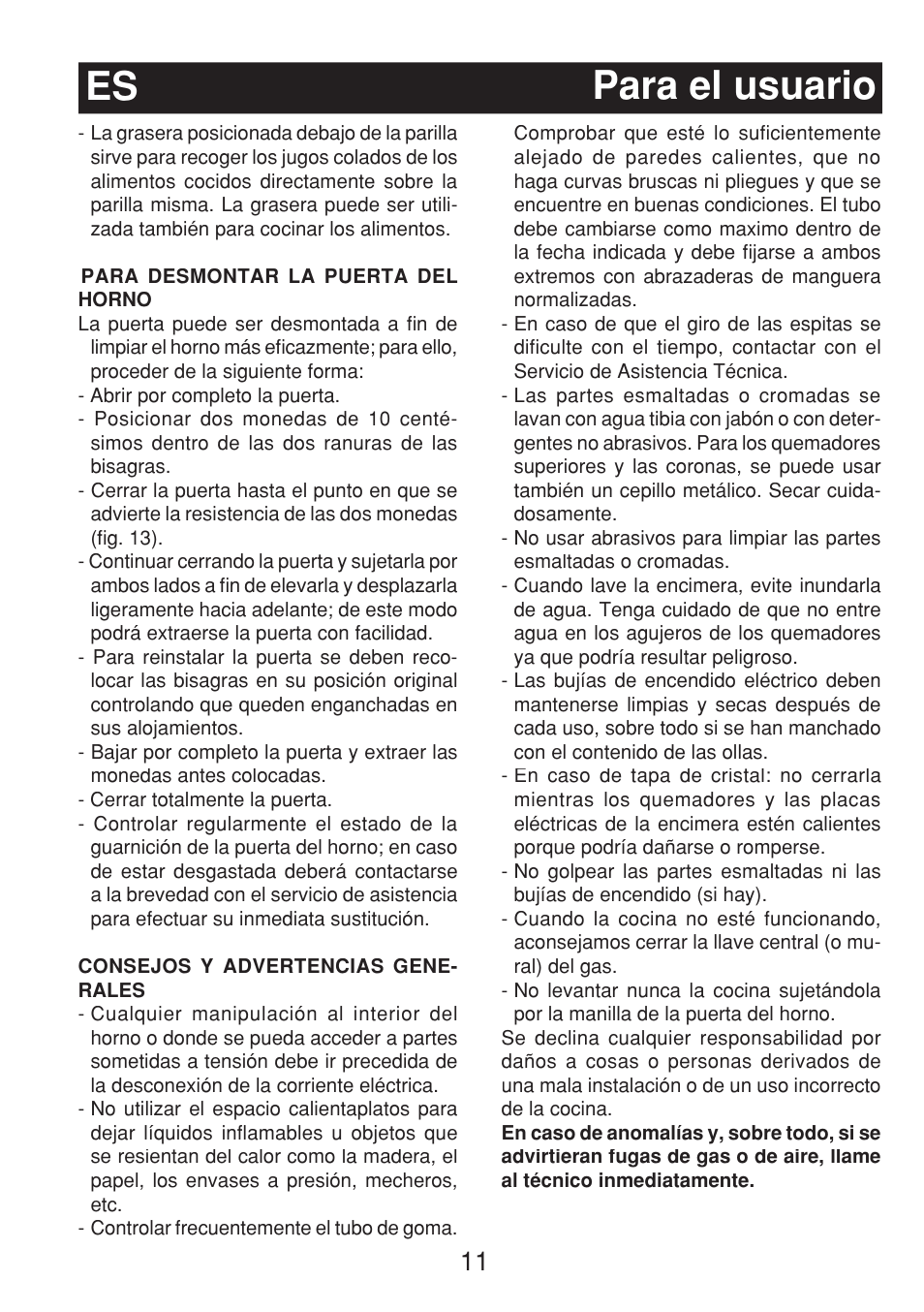 Para el usuario es | Fagor 3CF-540SI BUT User Manual | Page 11 / 48