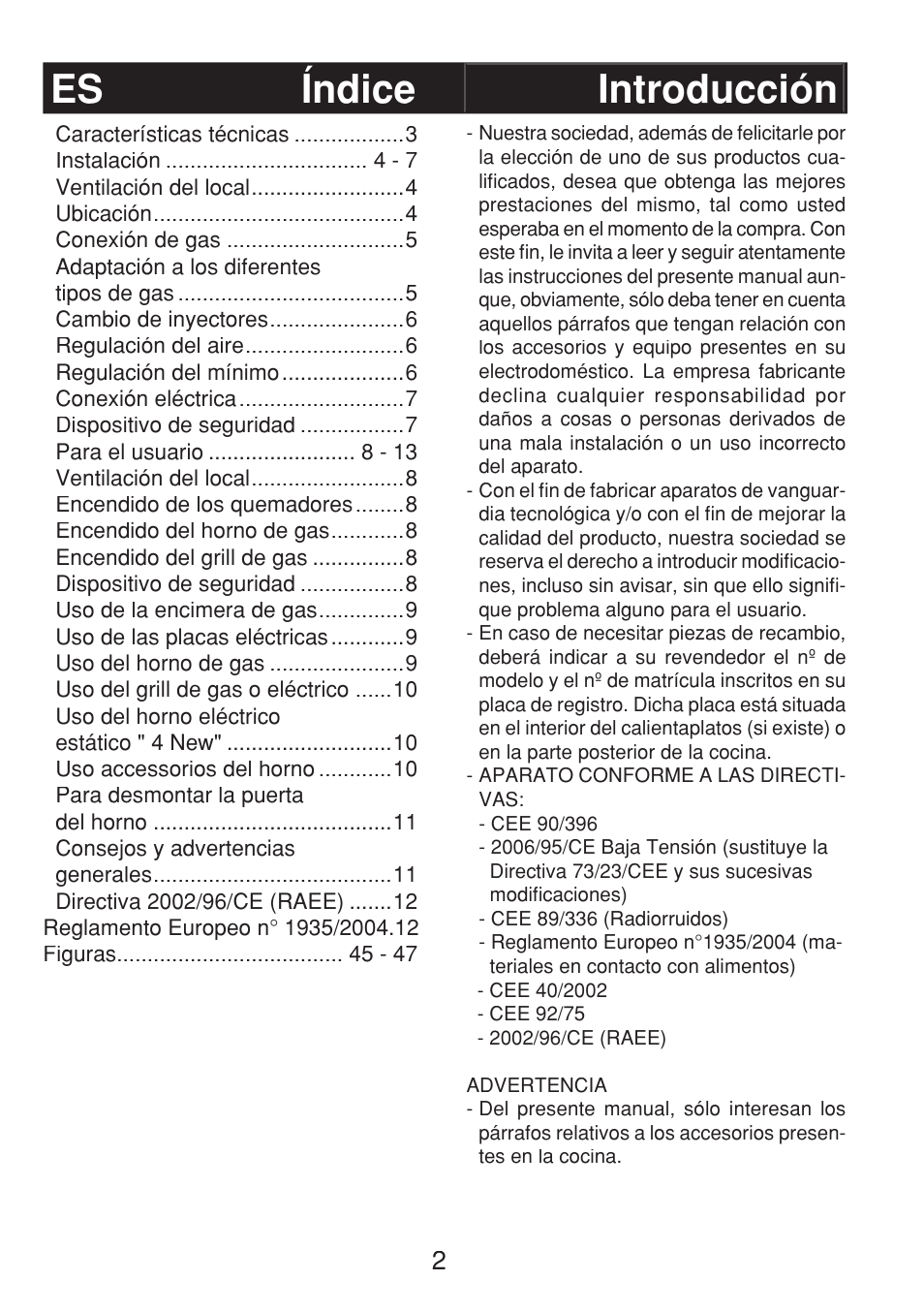 Índice es introducción | Fagor 3CF-540SI BUT User Manual | Page 2 / 48