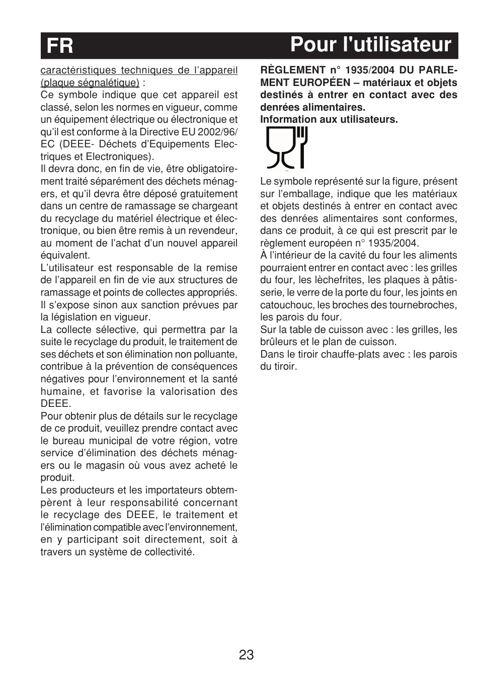 Pour l'utilisateur fr | Fagor 3CF-540SI BUT User Manual | Page 23 / 48