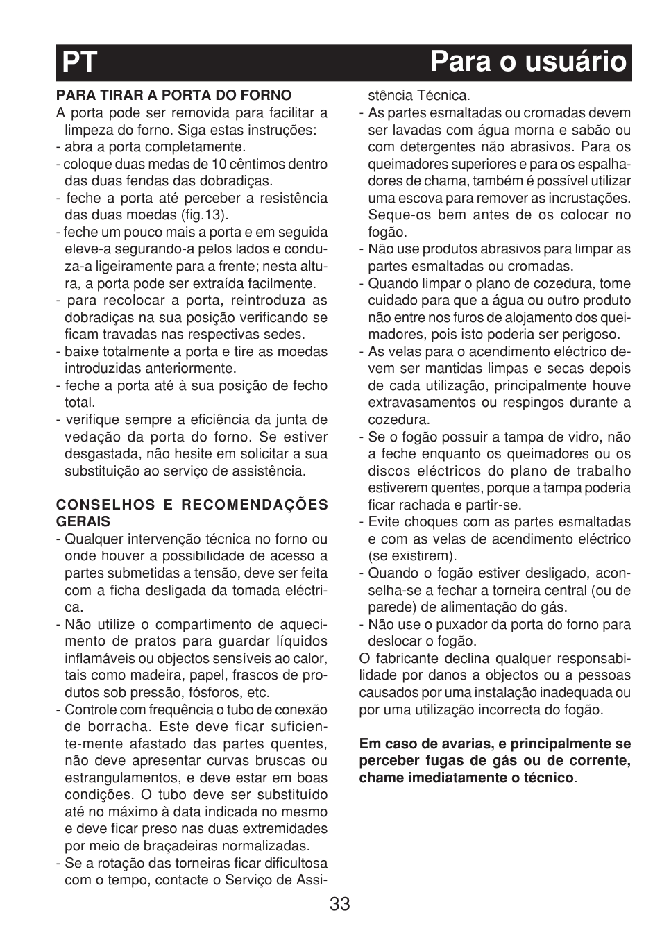 Pt para o usuário | Fagor 3CF-540SI BUT User Manual | Page 33 / 48