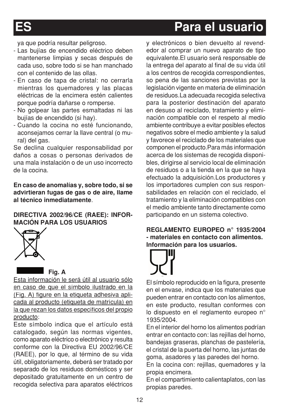 Para el usuario es | Fagor 3CF-950SXBUT User Manual | Page 12 / 48