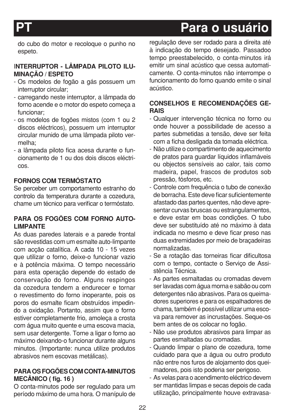 Para o usuário pt | Fagor 3CF-950SXBUT User Manual | Page 22 / 48
