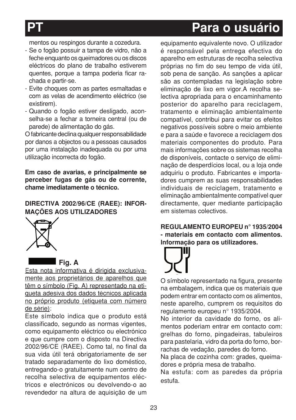 Para o usuário pt | Fagor 3CF-950SXBUT User Manual | Page 23 / 48