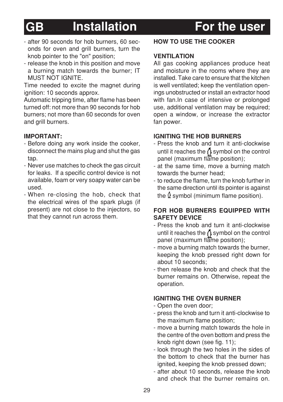 Installation gb, For the user | Fagor 3CF-950SXBUT User Manual | Page 29 / 48