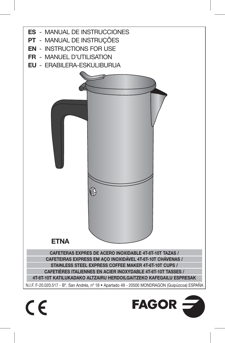 Fagor ETNA 10, 6 Y 4 TAZAS User Manual | 8 pages