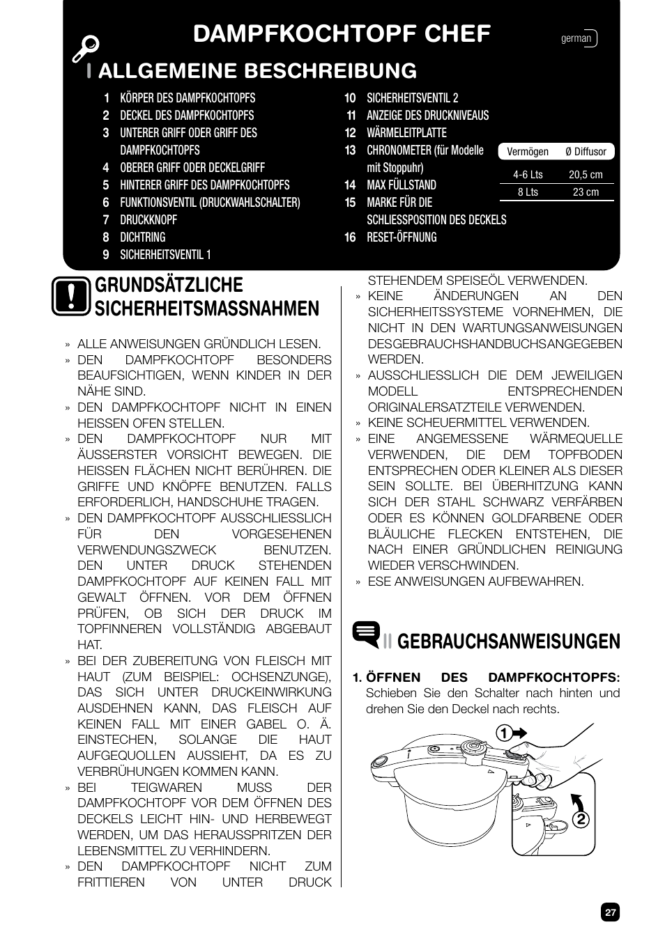 Dampfkochtopf chef, Iallgemeine beschreibung ii gebrauchsanweisungen, Grundsätzliche sicherheitsmassnahmen | Fagor CHEF XTRA User Manual | Page 27 / 88