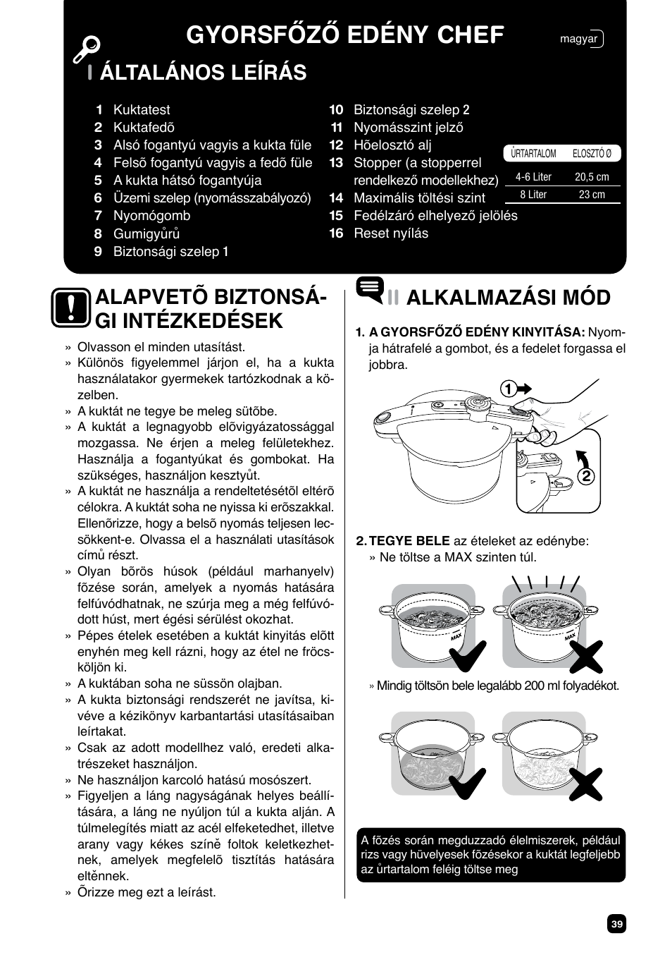 Gyorsfőző edény chef, Iáltalános leírás ii alkalmazási mód, Alapvetõ biztonsá- gi intézkedések | Fagor CHEF XTRA User Manual | Page 39 / 88