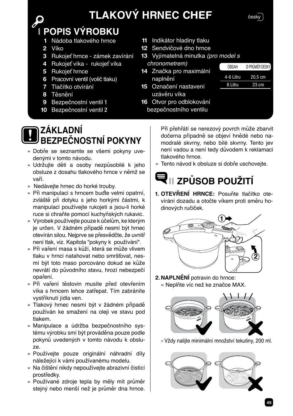 Tlakový hrnec chef, Ipopis výrobku ii způsob použití, Základní bezpečnostní pokyny | Fagor CHEF XTRA User Manual | Page 45 / 88