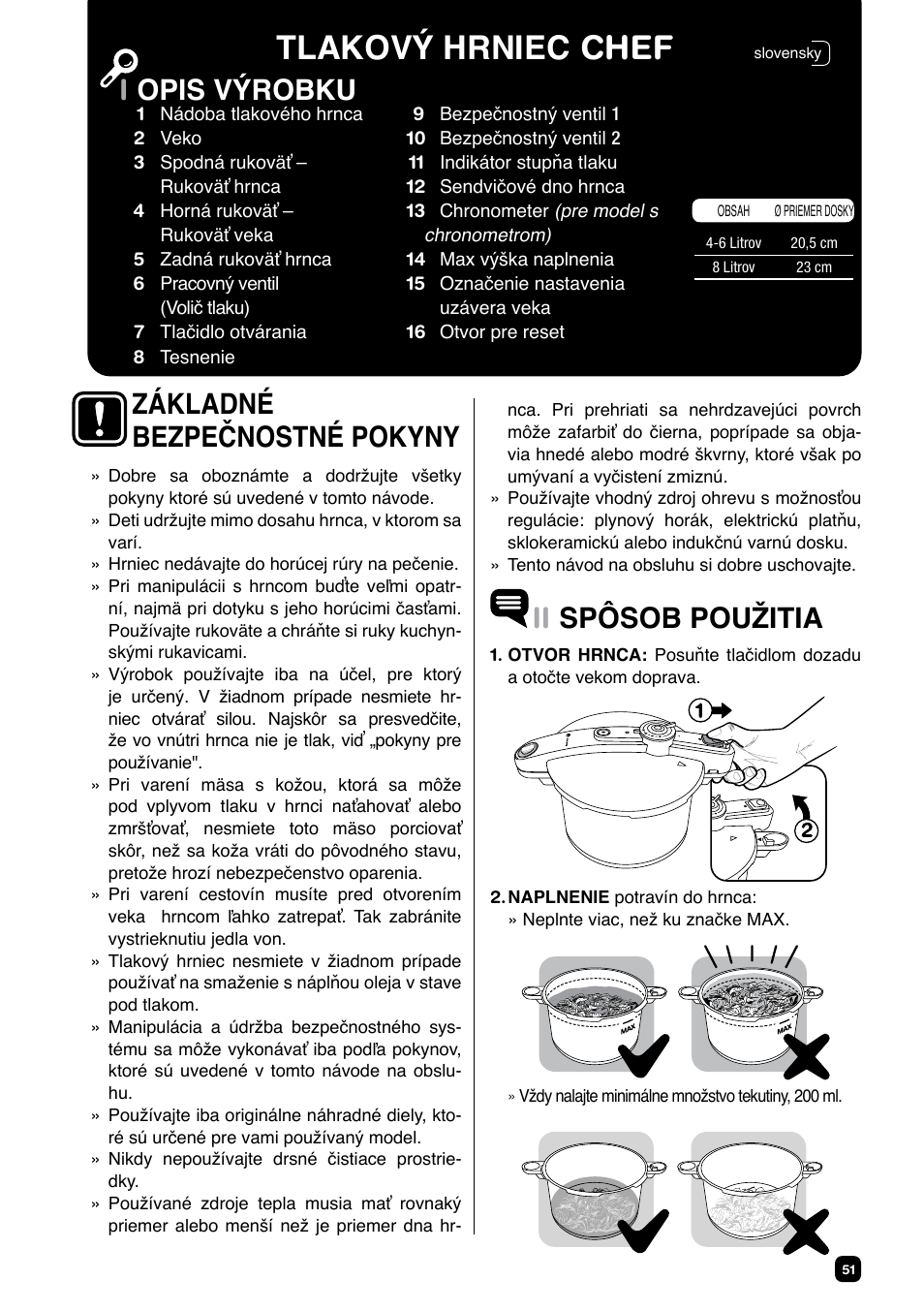 Tlakový hrniec chef, Iopis výrobku ii spôsob použitia, Základné bezpečnostné pokyny | Fagor CHEF XTRA User Manual | Page 51 / 88