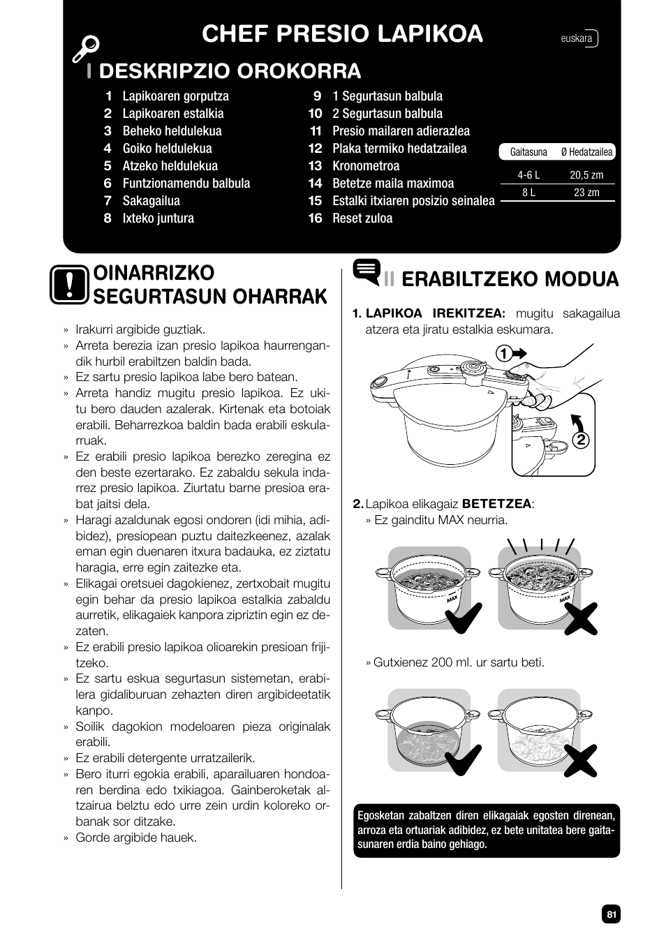 Chef presio lapikoa, Ideskripzio orokorra ii erabiltzeko modua, Oinarrizko segurtasun oharrak | Fagor CHEF XTRA User Manual | Page 81 / 88