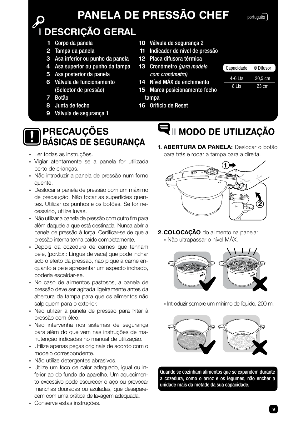 Panela de pressão chef, Idescrição geral ii modo de utilização, Precauções básicas de segurança | Fagor CHEF XTRA User Manual | Page 9 / 88