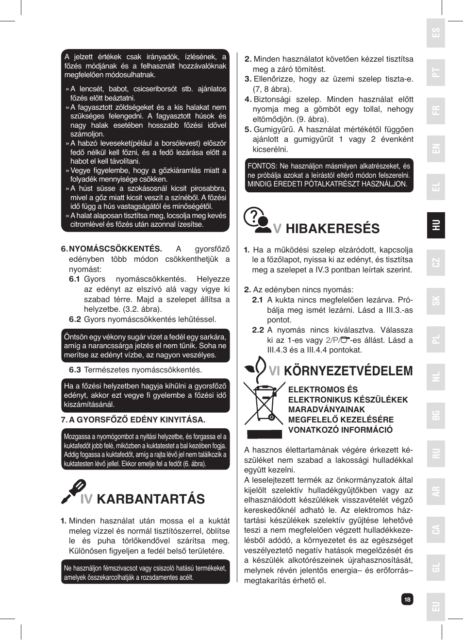 Iv karbantartás, Vhibakeresés, Vi környezetvédelem | Fagor FUTURE IN 6X1 User Manual | Page 19 / 50