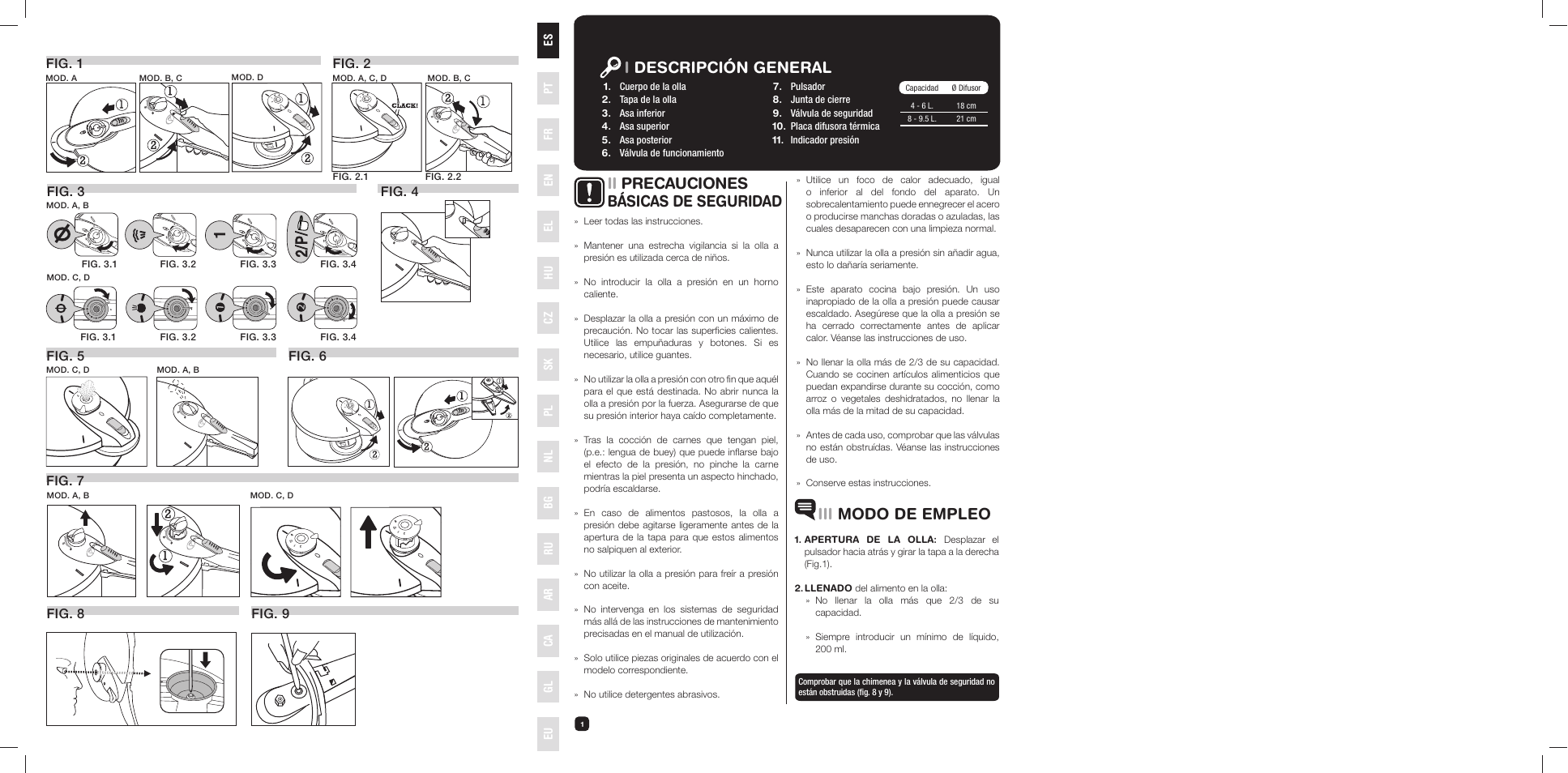 Idescripción general, Iii modo de empleo, Ii precauciones básicas de seguridad | Fig. 1 fig. 4 fig. 2, Fig. 3, Fig. 5 fig. 6, Fig. 7 fig. 9, Fig. 8, Es el nl pt hu bg ca fr cz ru gl en pl sk ar eu | Fagor FUTURE IN 6X1 User Manual | Page 2 / 50