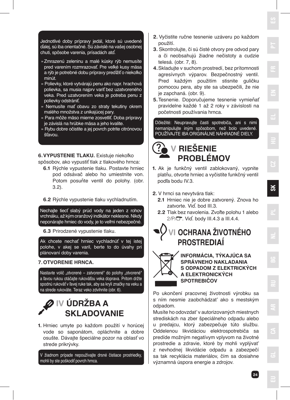 Iv údržba a skladovanie, Vriešenie problémov, Vi ochrana životného prostrediaí | Fagor FUTURE IN 6X1 User Manual | Page 25 / 50