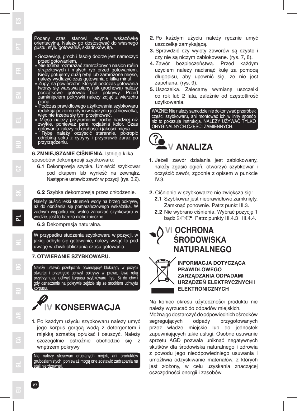 Iv konserwacja, Vanaliza, Vi ochrona środowiska naturalnego | Fagor FUTURE IN 6X1 User Manual | Page 28 / 50