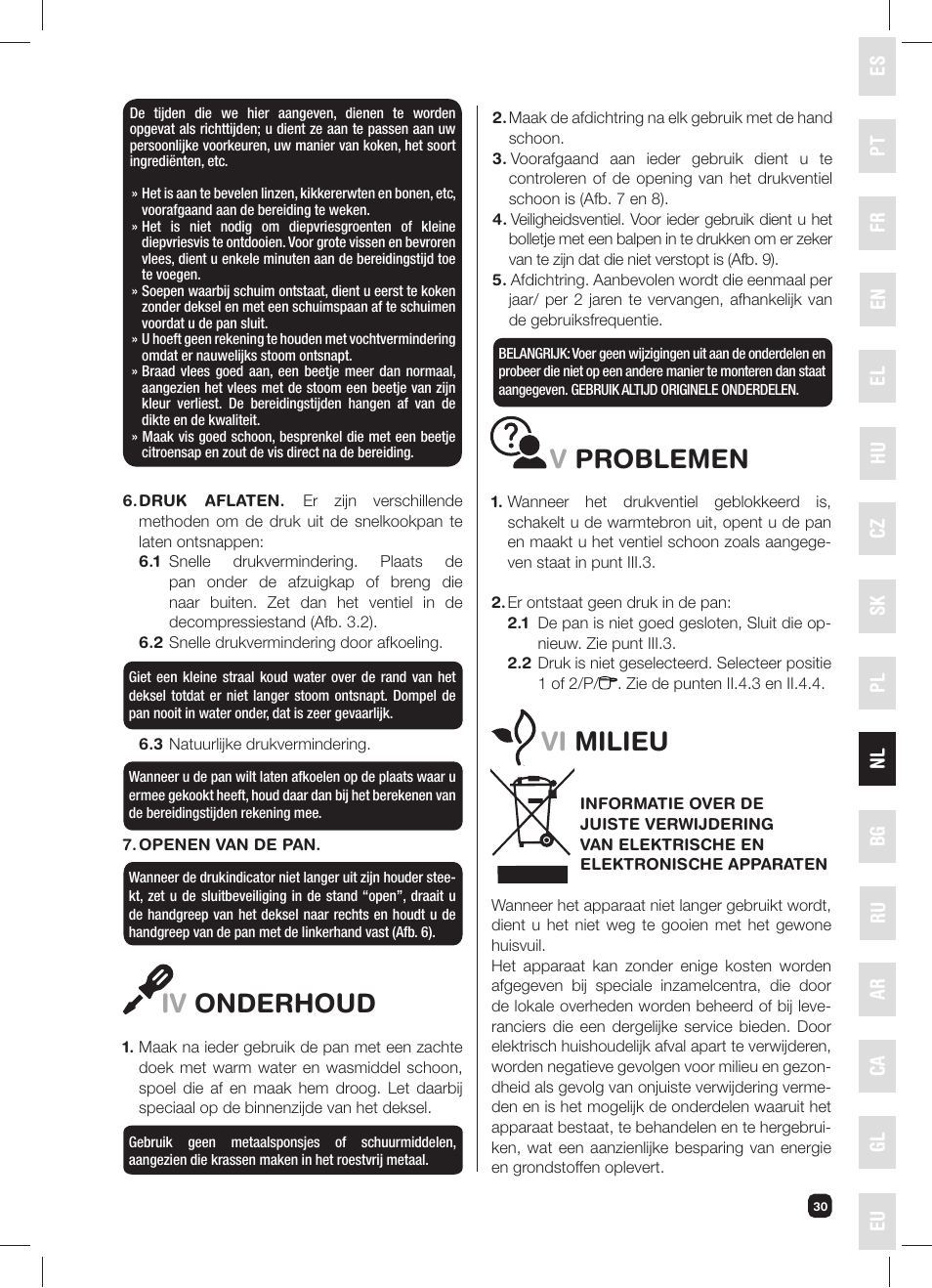 Iv onderhoud, Vproblemen, Vi milieu | Fagor FUTURE IN 6X1 User Manual | Page 31 / 50