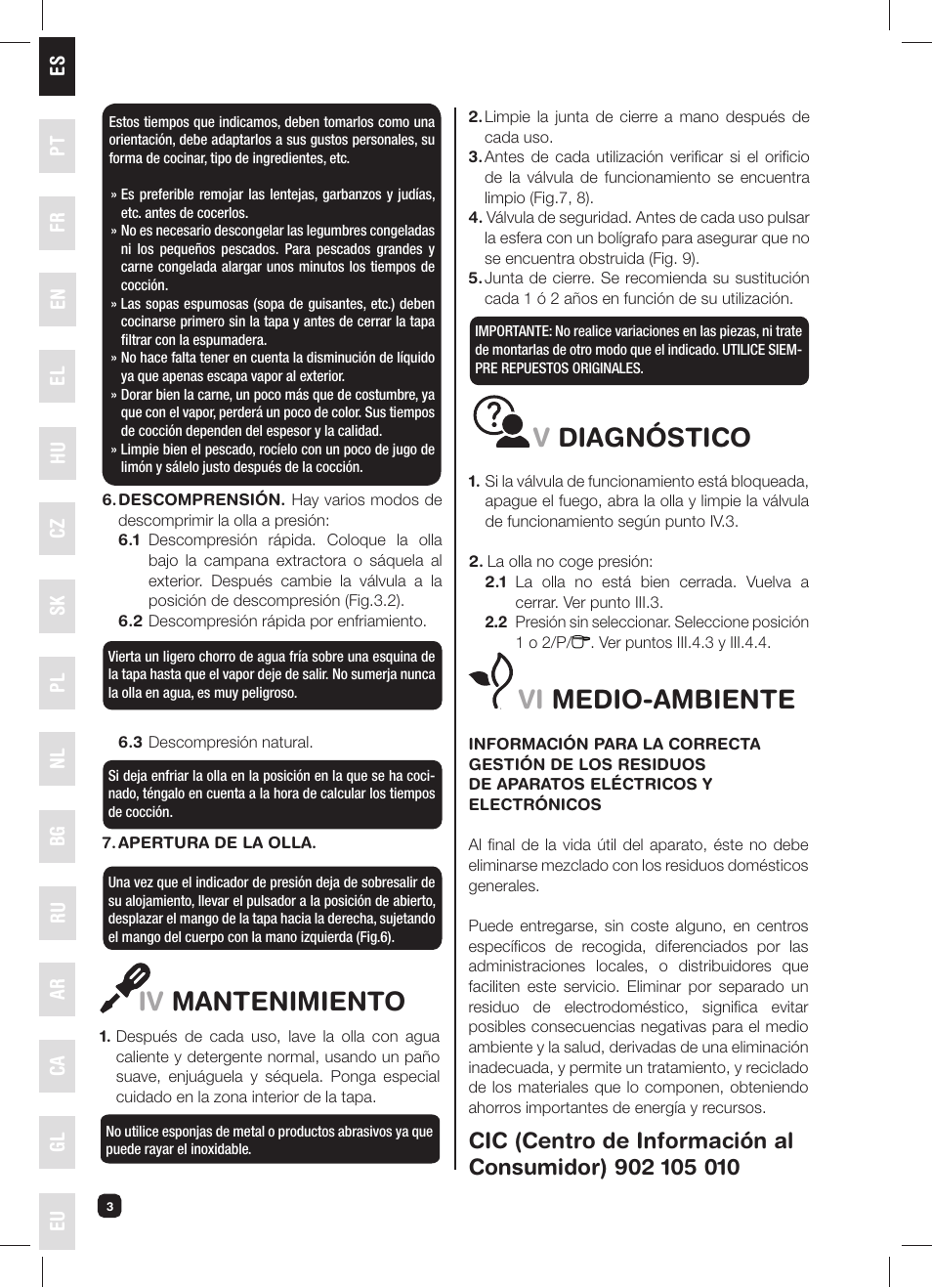 Vi medio-ambiente, Iv mantenimiento, Vdiagnóstico | Fagor FUTURE IN 6X1 User Manual | Page 4 / 50