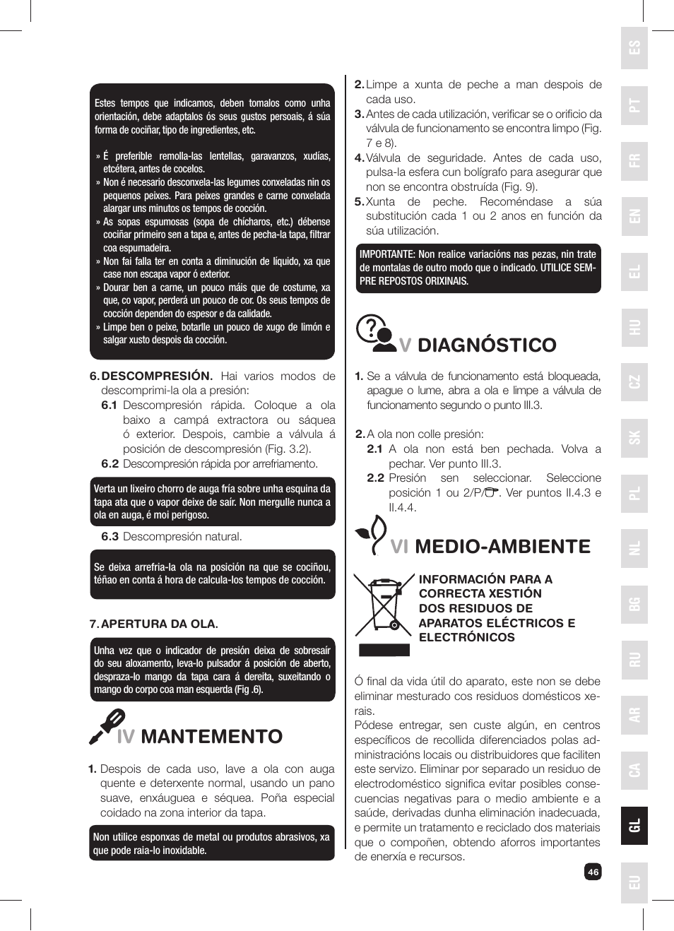 Iv mantemento, Vdiagnóstico, Vi medio-ambiente | Fagor FUTURE IN 6X1 User Manual | Page 47 / 50