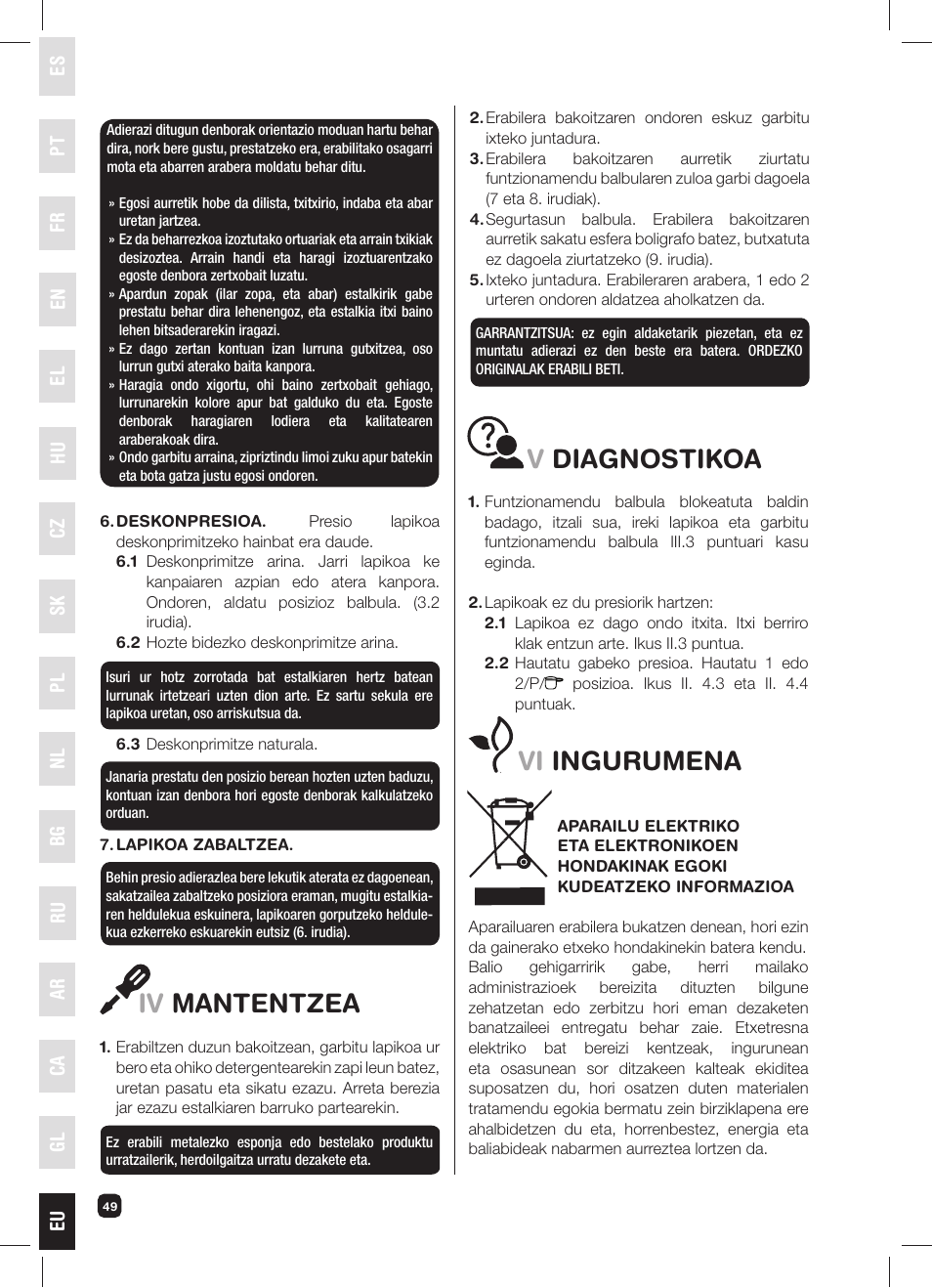 Iv mantentzea, Vdiagnostikoa, Vi ingurumena | Fagor FUTURE IN 6X1 User Manual | Page 50 / 50