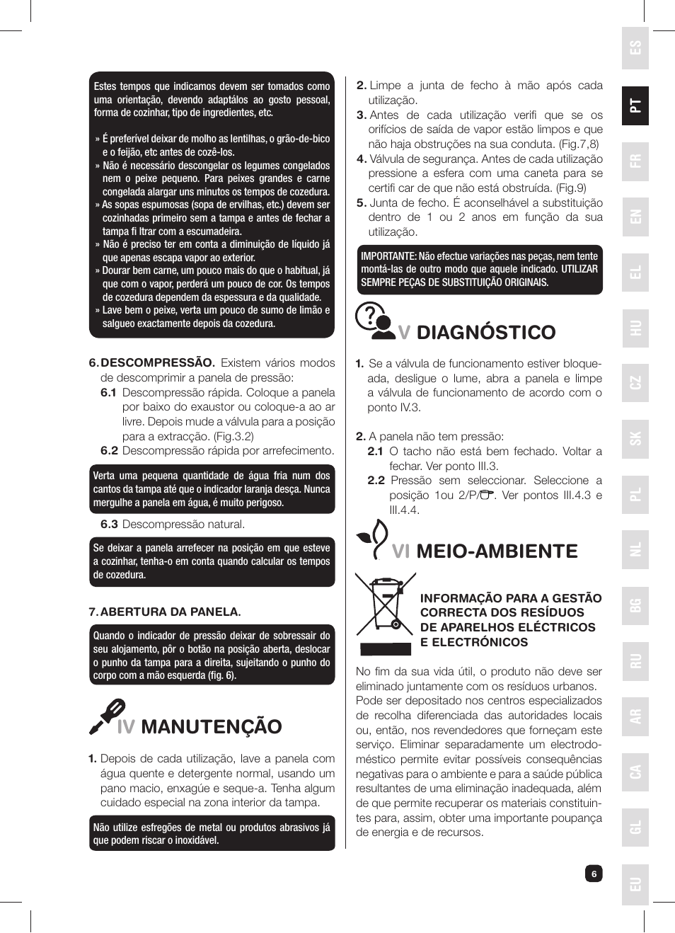 Iv manutenção, Vdiagnóstico, Vi meio-ambiente | Fagor FUTURE IN 6X1 User Manual | Page 7 / 50