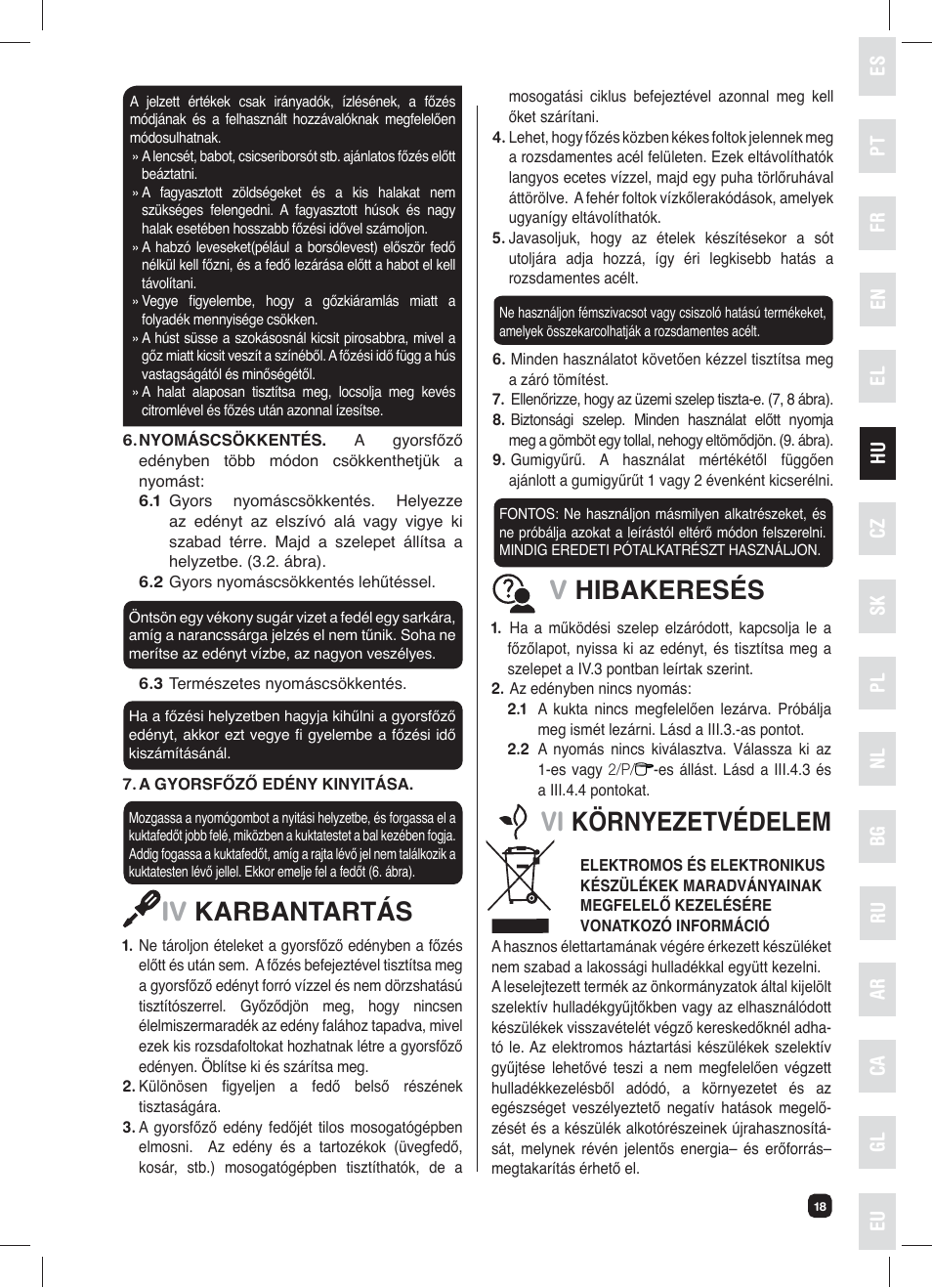 Iv karbantartás, Vhibakeresés, Vi környezetvédelem | Fagor XPRESS-RED-6 User Manual | Page 19 / 58