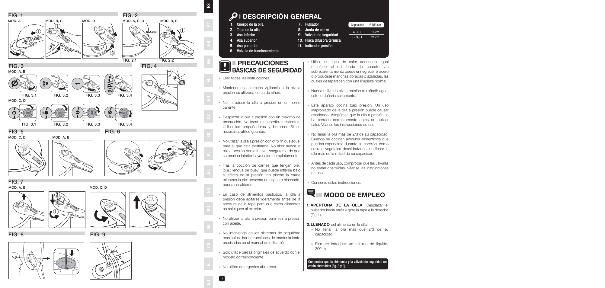 Idescripción general, Iii modo de empleo, Ii precauciones básicas de seguridad | Fig. 1 fig. 4 fig. 2, Fig. 3, Fig. 5 fig. 6, Fig. 7 fig. 9, Fig. 8, Es el nl pt hu bg ca fr cz ru gl en pl sk ar eu | Fagor XPRESS-RED-6 User Manual | Page 2 / 58