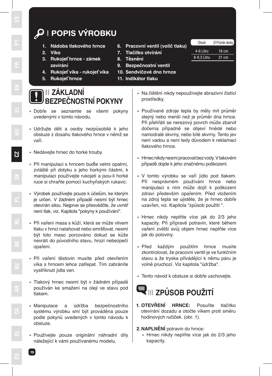 Ipopis výrobku iii způsob použití, Ii základní bezpečnostní pokyny | Fagor XPRESS-RED-6 User Manual | Page 20 / 58
