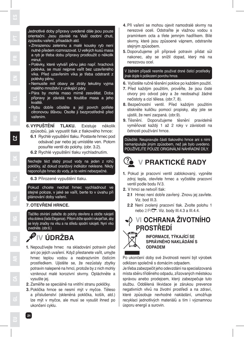 Iv údržba, Vpraktické rady, Vi ochrana životního prostředí | Fagor XPRESS-RED-6 User Manual | Page 22 / 58
