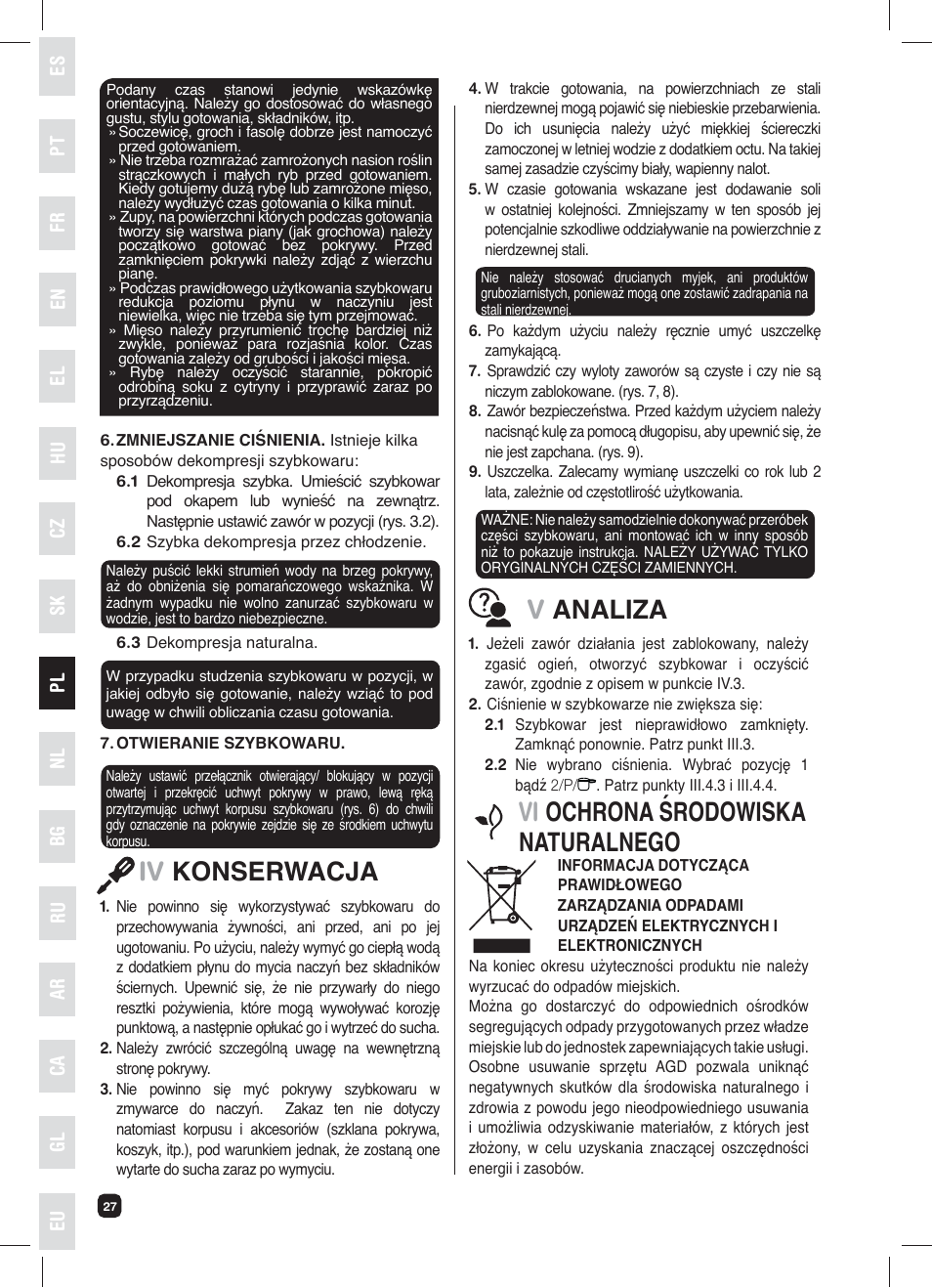 Iv konserwacja, Vanaliza, Vi ochrona środowiska naturalnego | Fagor XPRESS-RED-6 User Manual | Page 28 / 58