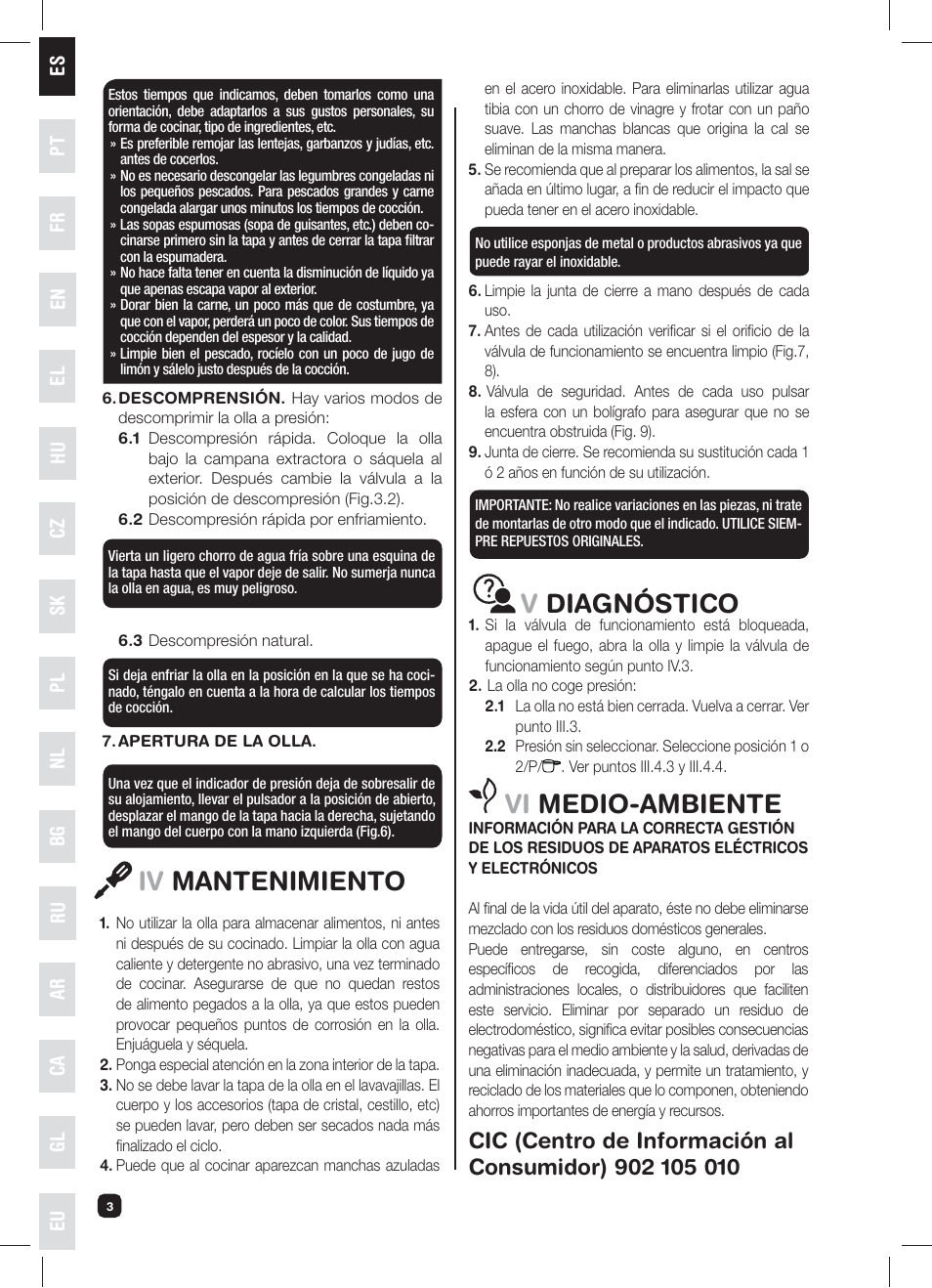 Vi medio-ambiente, Iv mantenimiento, Vdiagnóstico | Fagor XPRESS-RED-6 User Manual | Page 4 / 58