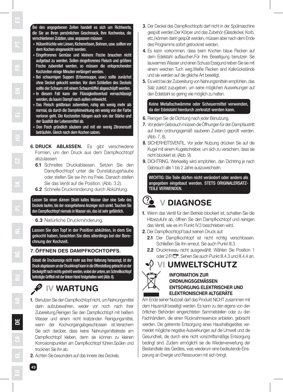 Iv wartung, Vdiagnose, Vi umweltschutz | Fagor XPRESS-RED-6 User Manual | Page 44 / 58