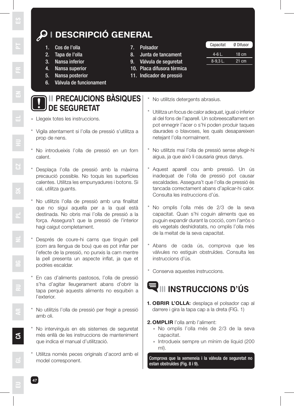 Idescripció general iii instruccions d’ús, Ii precaucions bàsiques de seguretat | Fagor XPRESS-RED-6 User Manual | Page 48 / 58