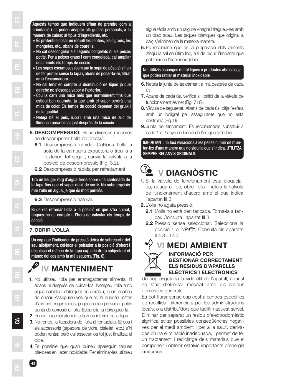Iv manteniment, Vdiagnòstic, Vi medi ambient | Fagor XPRESS-RED-6 User Manual | Page 50 / 58