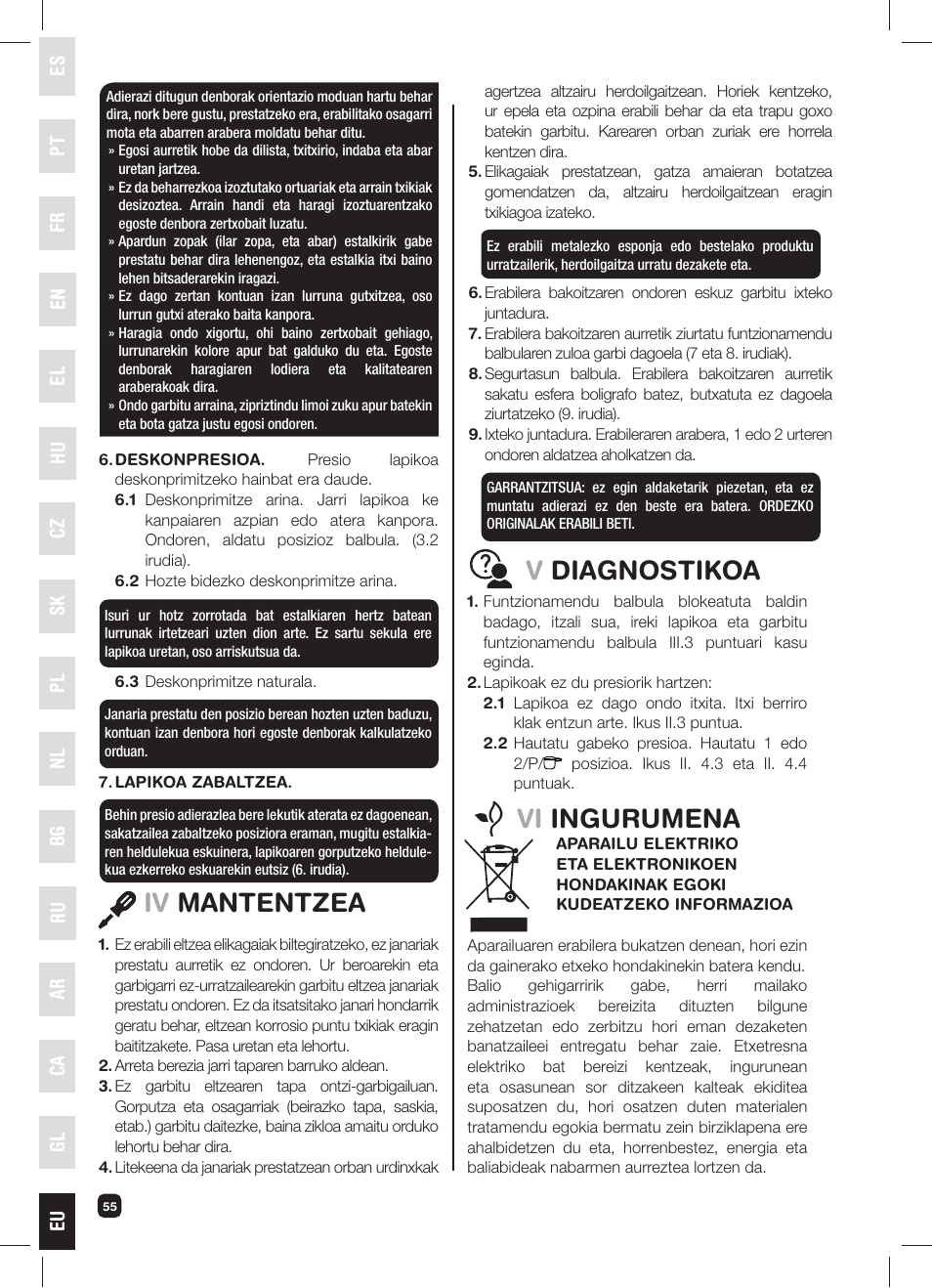 Iv mantentzea, Vdiagnostikoa, Vi ingurumena | Fagor XPRESS-RED-6 User Manual | Page 56 / 58