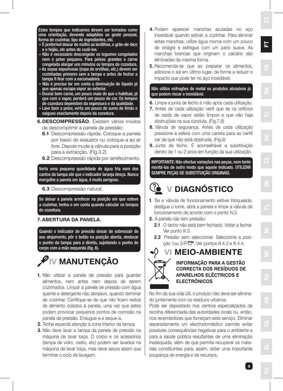 Iv manutenção, Vdiagnóstico, Vi meio-ambiente | Fagor XPRESS-RED-6 User Manual | Page 7 / 58