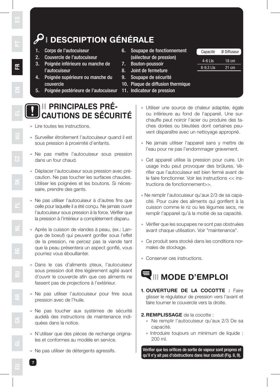Idescription générale iii mode d’emploi, Ii principales pré- cautions de sécurité | Fagor XPRESS-RED-6 User Manual | Page 8 / 58