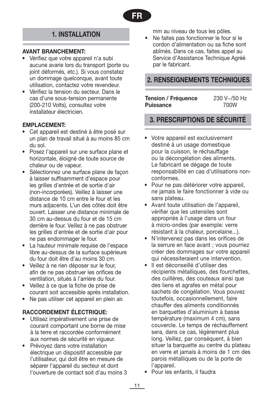 Prescriptions de sécurité, Installation 2. renseignements techniques | Fagor SPOUT-28BO User Manual | Page 12 / 67