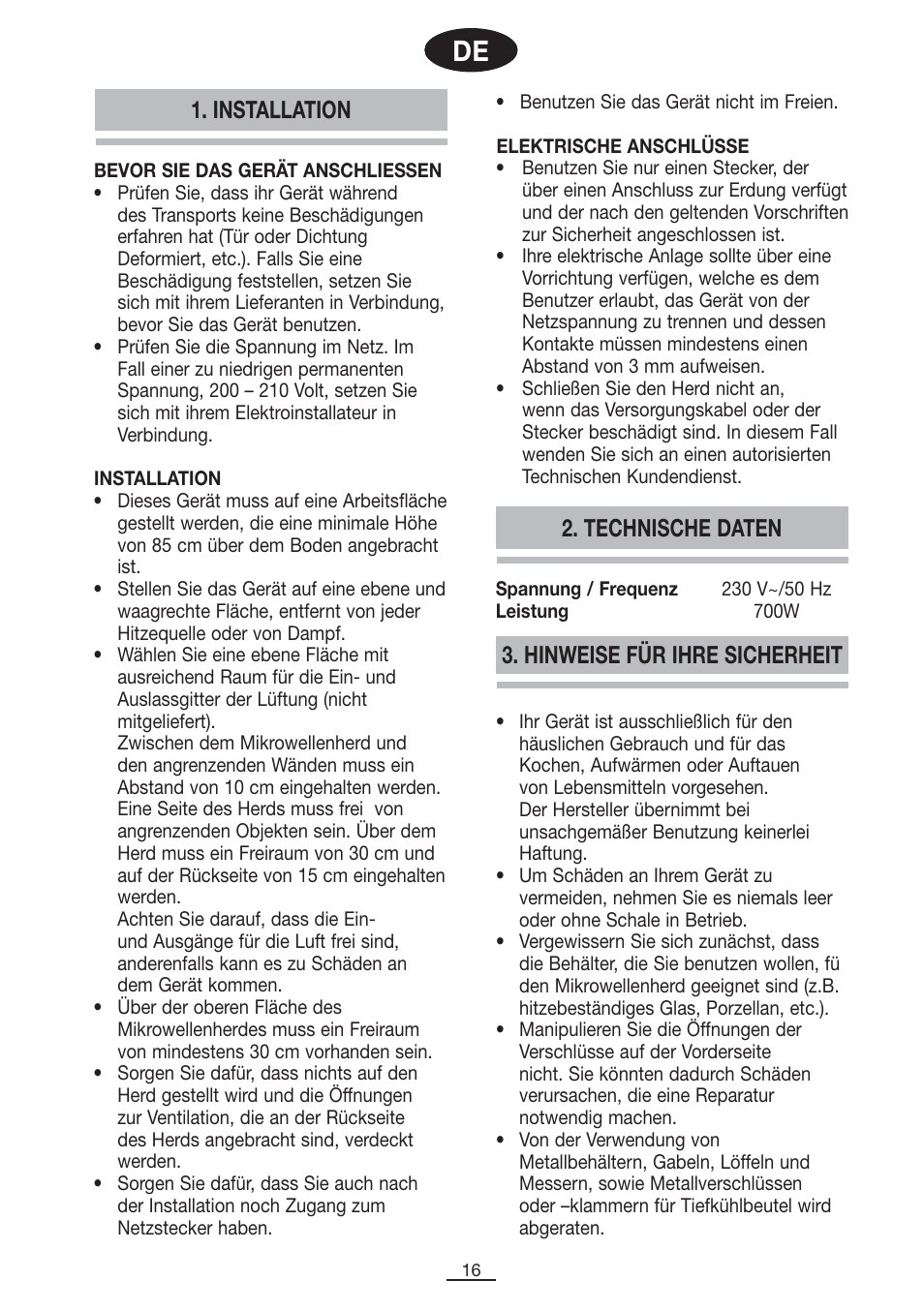 Hinweise für ihre sicherheit, Installation 2. technische daten | Fagor SPOUT-28BO User Manual | Page 17 / 67