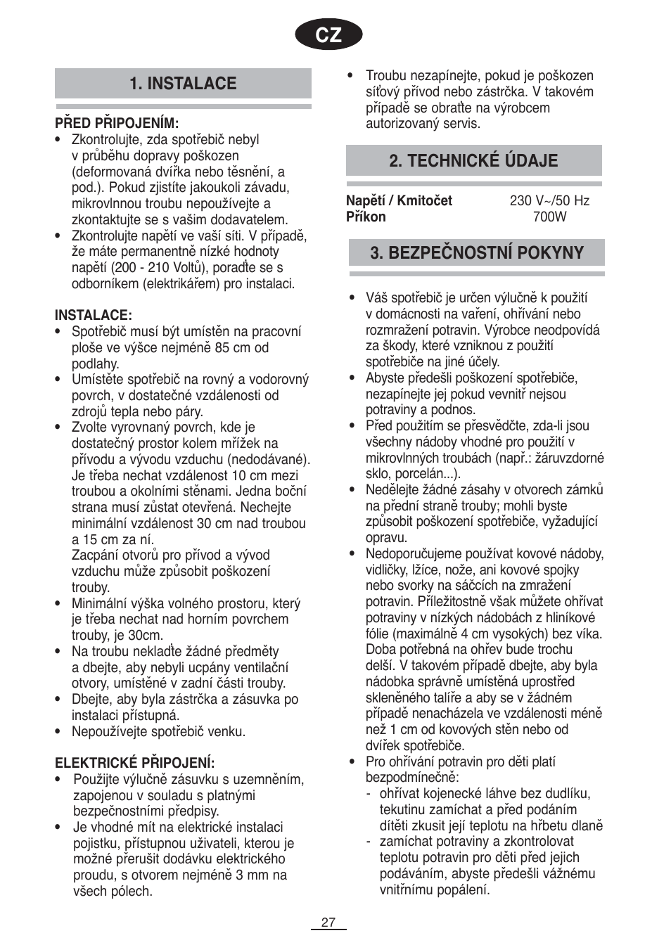 Bezpečnostní pokyny, Instalace 2. technické údaje | Fagor SPOUT-28BO User Manual | Page 28 / 67